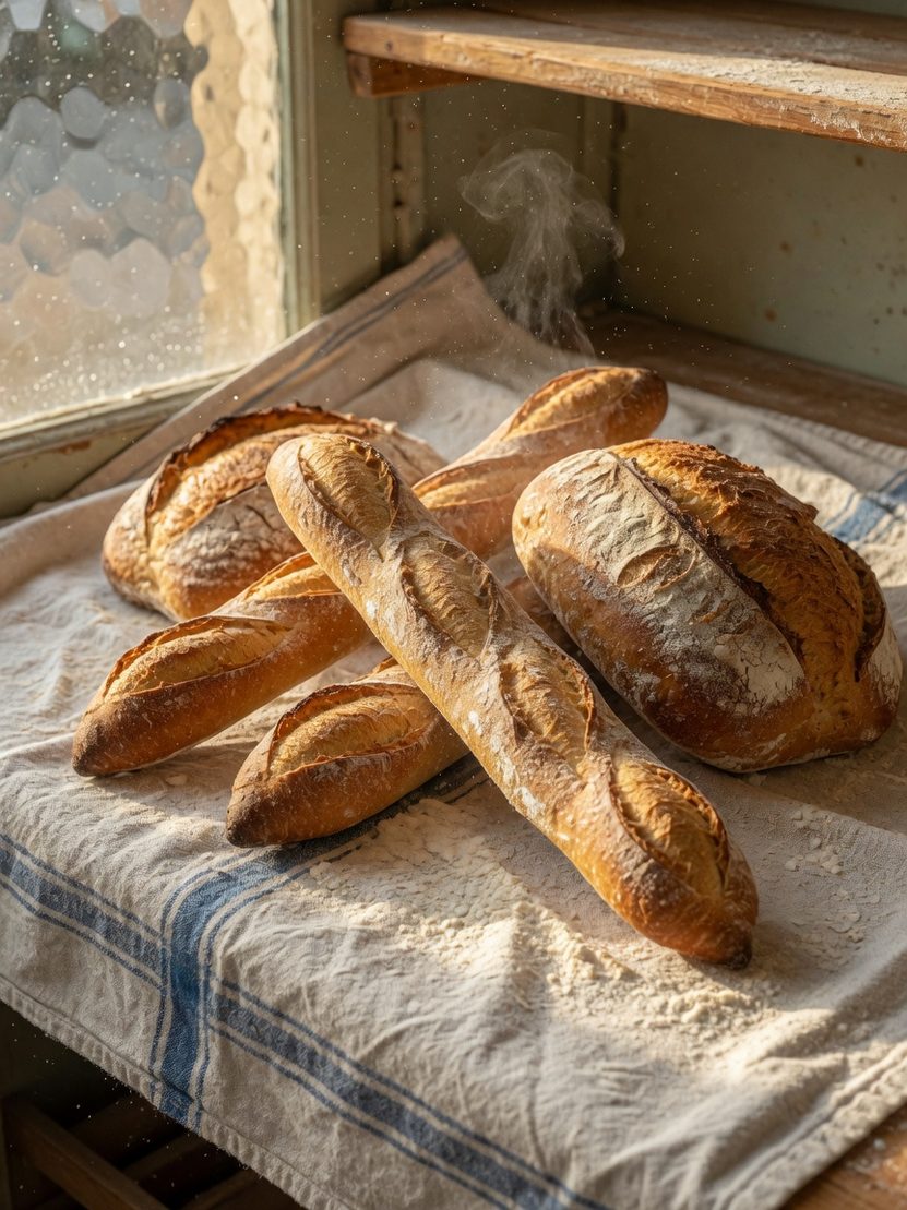 Baguettes et pains du jour sur un linge fariné, photo de démonstration