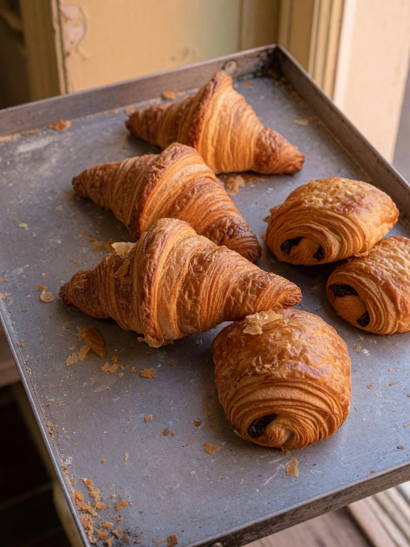 Croissants et pains au chocolat sur une plaque en zinc, photo de démonstration