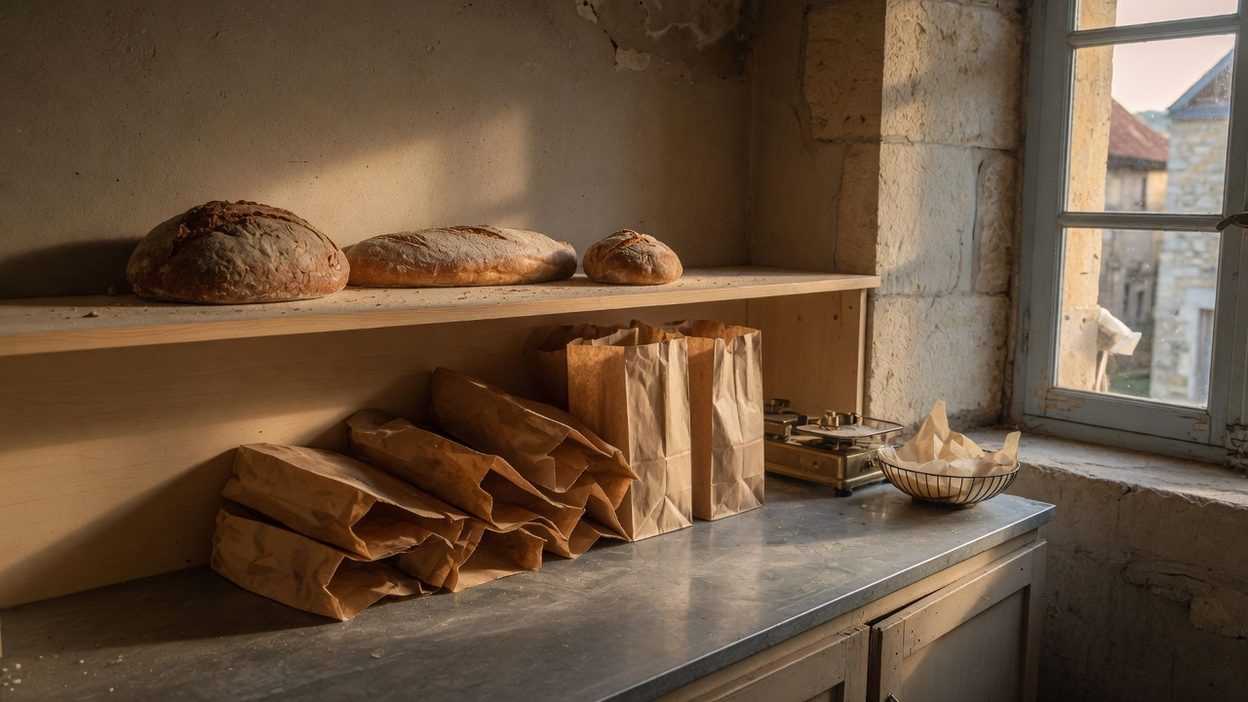 Comptoir de fournil avec sacs en papier et pains sur une planche, photo de démonstration