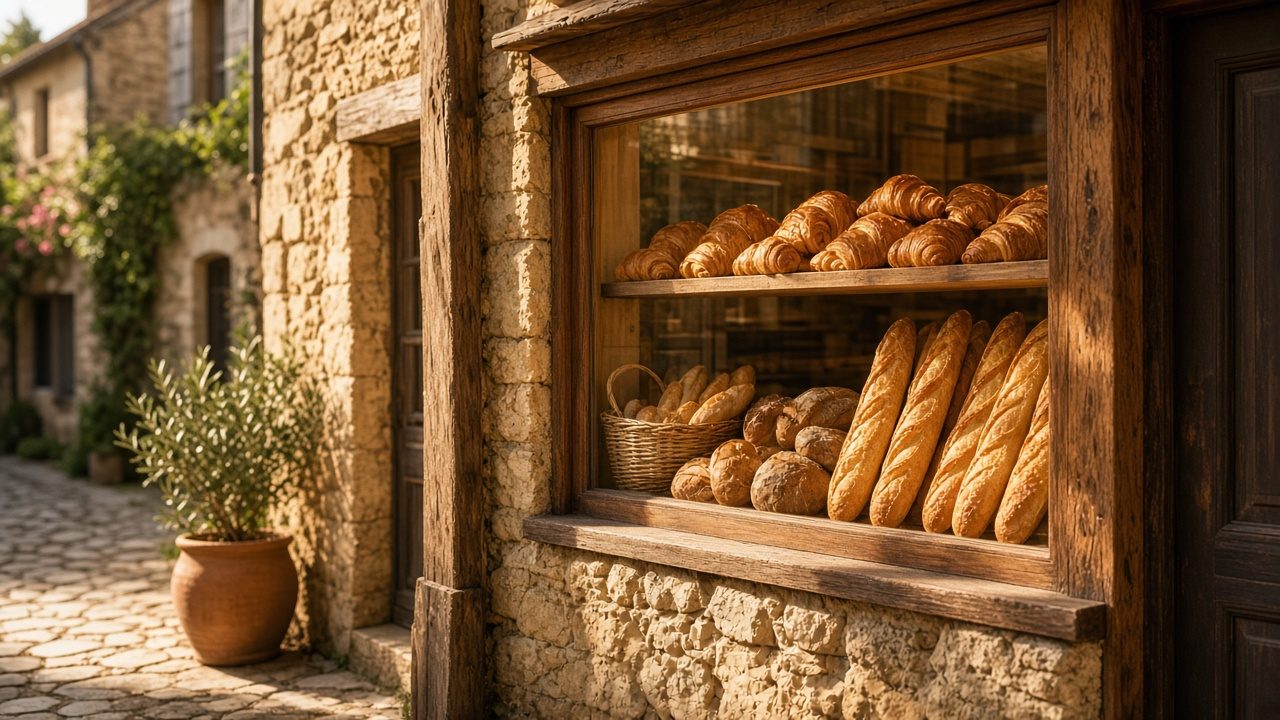 Devanture de boulangerie en pierre, croissants et baguettes en vitrine